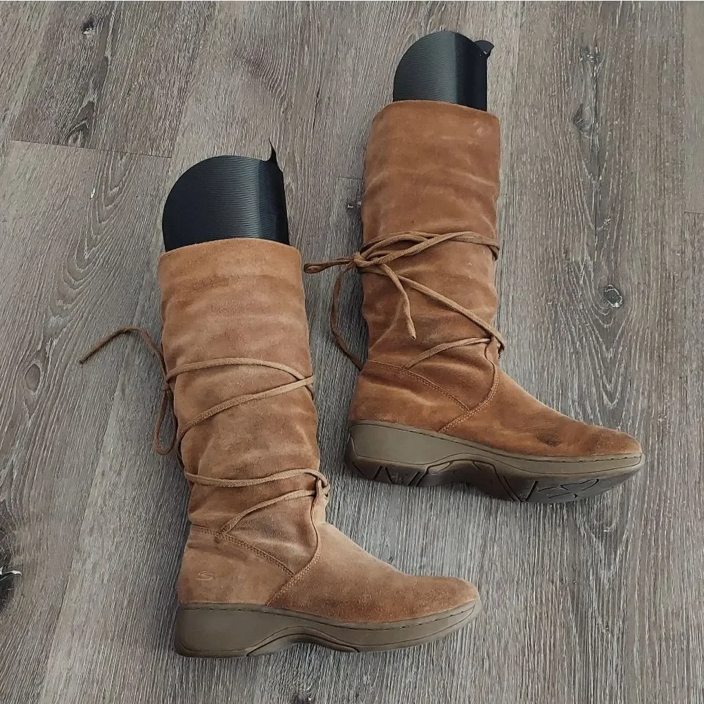Vtg SKECHERS Tan Suede Leather Slouch Boot Mid Calf Tie Wrap Winter - Size 7